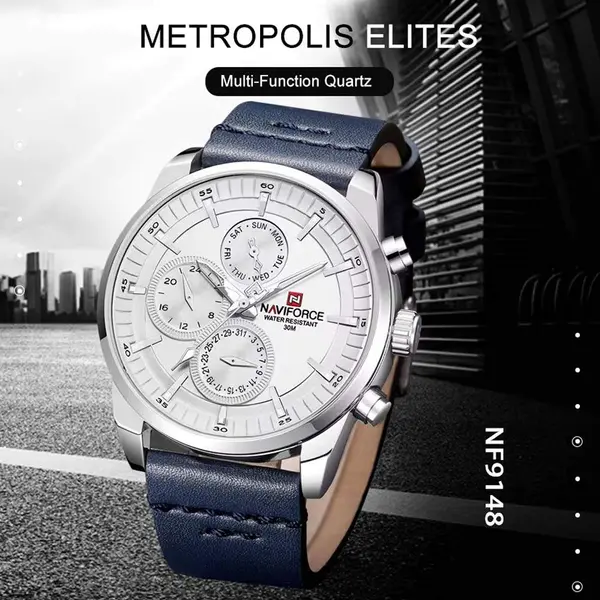 Naviforce NF9148 Custom Luxury Leather Strap Quartz Casual Men's Watch – Dial Color: White, Strap Color: Blue – View 6