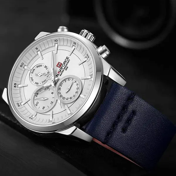 Naviforce NF9148 Custom Luxury Leather Strap Quartz Casual Men's Watch – Dial Color: White, Strap Color: Blue – View 7