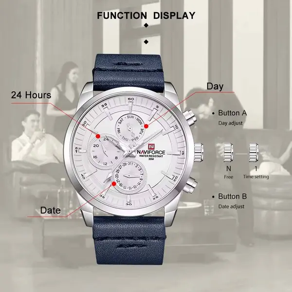Naviforce NF9148 Custom Luxury Leather Strap Quartz Casual Men's Watch – Dial Color: White, Strap Color: Blue – View 8