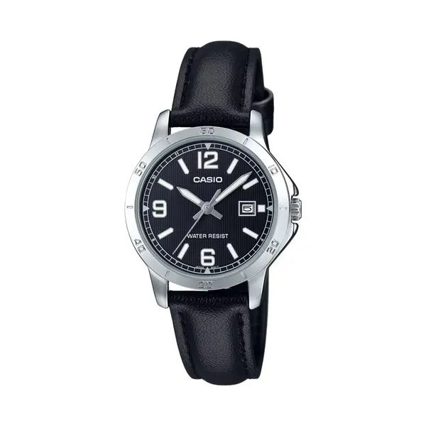 CASIO LTP-V004L-1BUDF Classic Leather Strap Stainless Steel Women's Analog Quartz Watch – Dial Color: Black, Strap Color: Black – View 1