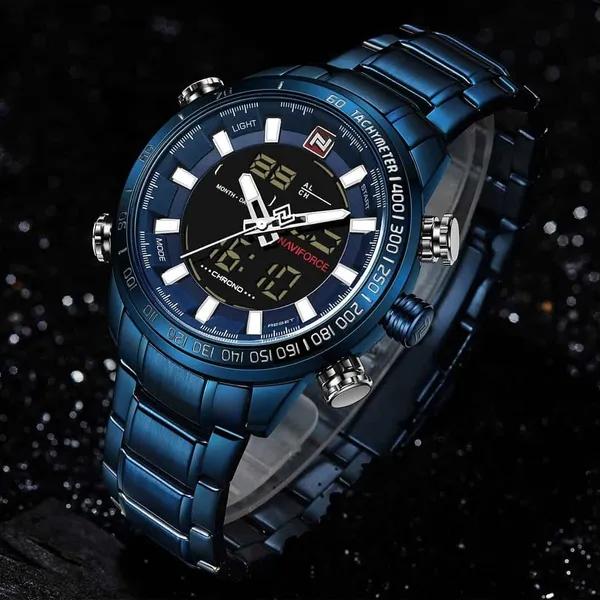 NAVIFORCE NF9093 Luxurious Stainless Steel Dual Time Men's Watch – Dial Color: Blue, Strap Color: Blue – View 3