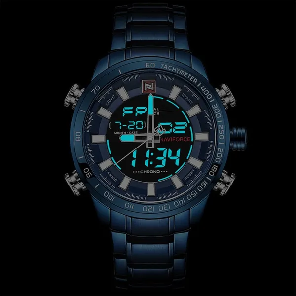 NAVIFORCE NF9093 Luxurious Stainless Steel Dual Time Men's Watch – Dial Color: Blue, Strap Color: Blue – View 4