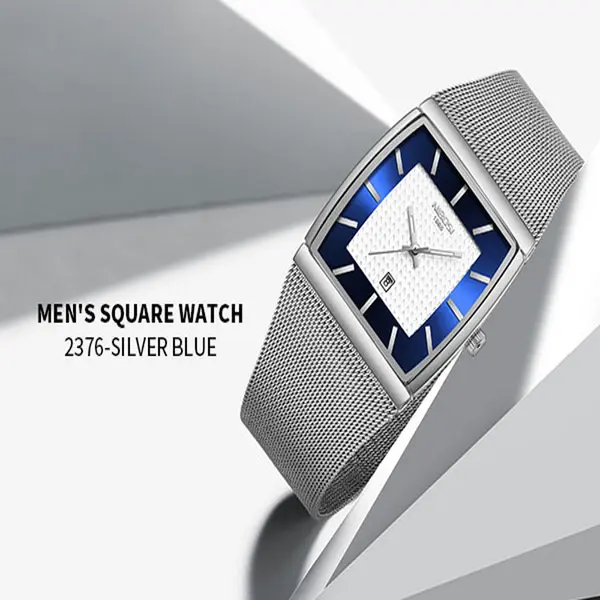 Nibosi 2376 Comfortable Mesh Stainless Steel Fashion Men's Watch – Dial Color: Blue, Strap Color: Silver – View 2