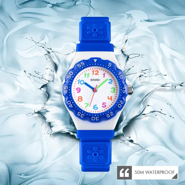 SKMEI 1483 Analog Style Silicone Strap Kid's Watch – Dial Color: White, Strap Color: Blue – View 2