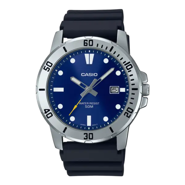 CASIO MTP-VD01-5EVUDF Enticer Stainless Steel Case Luminescent Men's Sports Analog Watch – Dial Color: Blue, Strap Color: Black – View 1