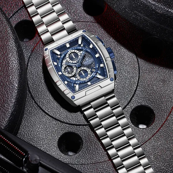 Naviforce 8066 High Quality Stainless Steel Chronograph Analog Men's Watch – Dial Color: Blue, Strap Color: Silver – View 2