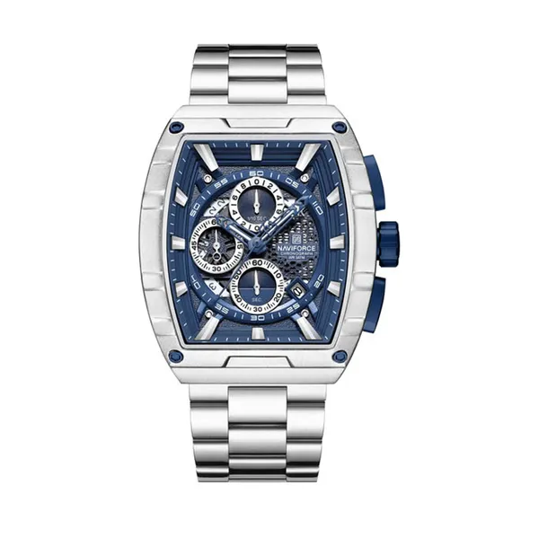 Naviforce 8066 High Quality Stainless Steel Chronograph Analog Men's Watch – Dial Color: Blue, Strap Color: Silver – View 1