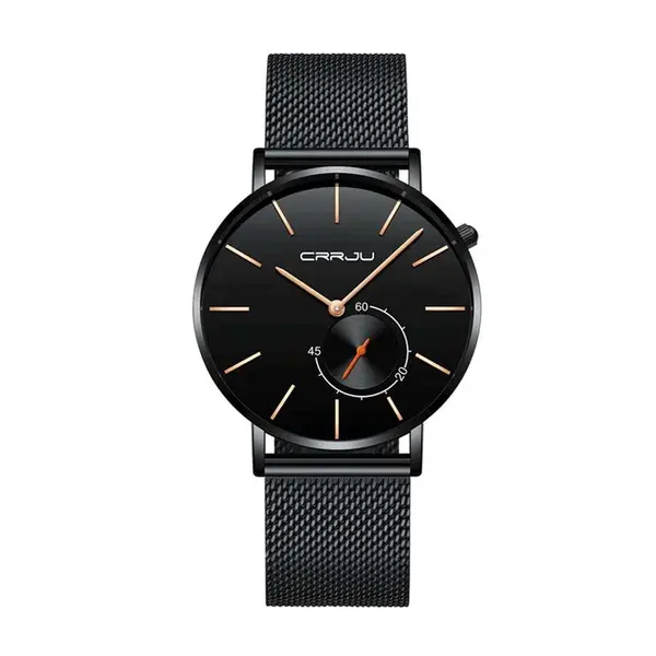 CRRJU 2220 Comfortable Mesh Stainless Steel Ultra Slim Modern Fashion Men's Watch – Dial Color: Rose Black, Strap Color: Black – View 1
