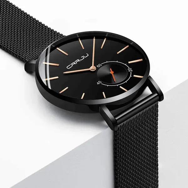 CRRJU 2220 Comfortable Mesh Stainless Steel Ultra Slim Modern Fashion Men's Watch – Dial Color: Rose Black, Strap Color: Black – View 2