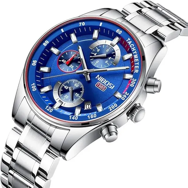 Nibosi 2375 High Quality Stainless Steel Analog Men's Watch – Dial Color: Blue, Strap Color: Silver – View 2