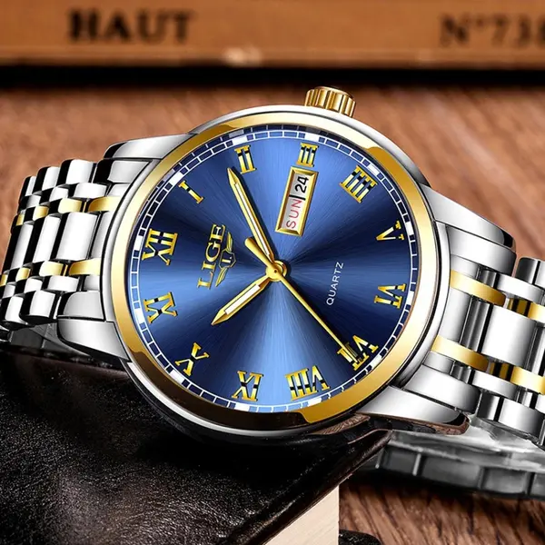 LIGE 9846 Premium Stainless Steel Analog Luxury Men's Watch – Dial Color: Blue, Strap Color: Black – View 2
