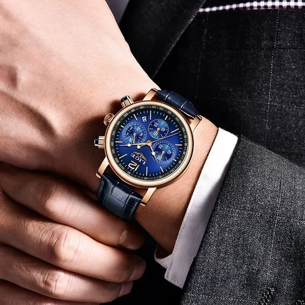LIGE 8927 Analog Premium Leather Strap Men's Luxury Watch – Dial Color: Blue, Strap Color: Blue – View 3
