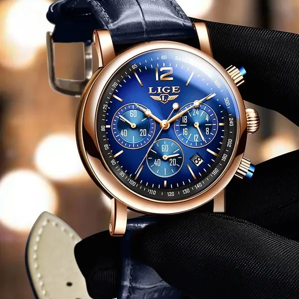 LIGE 8927 Analog Premium Leather Strap Men's Luxury Watch – Dial Color: Blue, Strap Color: Blue – View 4