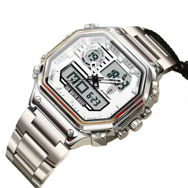 Poedagar 993 Sports Waterproof Dual Display Men’s Watch – Dial Color: Silver, Strap Color: Silver – View 2
