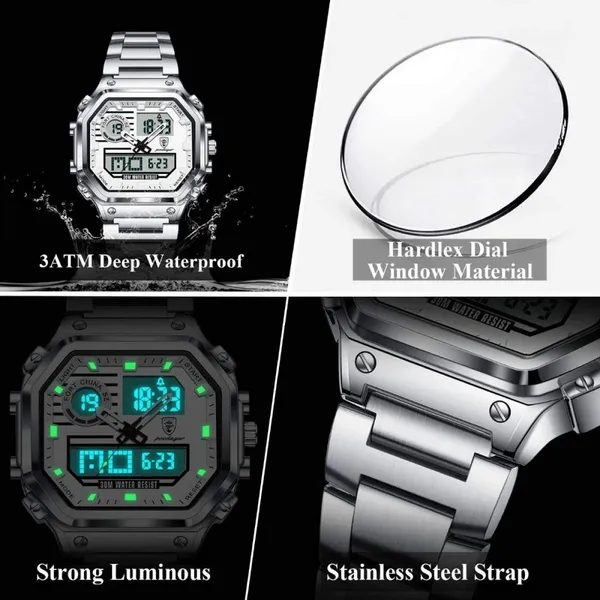 Poedagar 993 Sports Waterproof Dual Display Men’s Watch – Dial Color: Silver, Strap Color: Silver – View 3