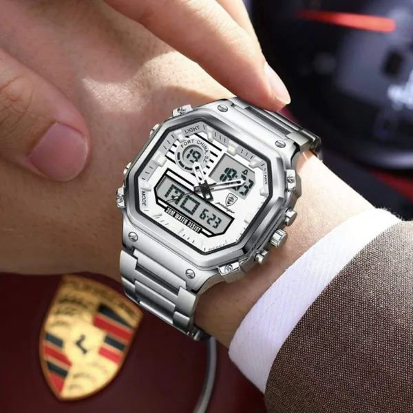 Poedagar 993 Sports Waterproof Dual Display Men’s Watch – Dial Color: Silver, Strap Color: Silver – View 4