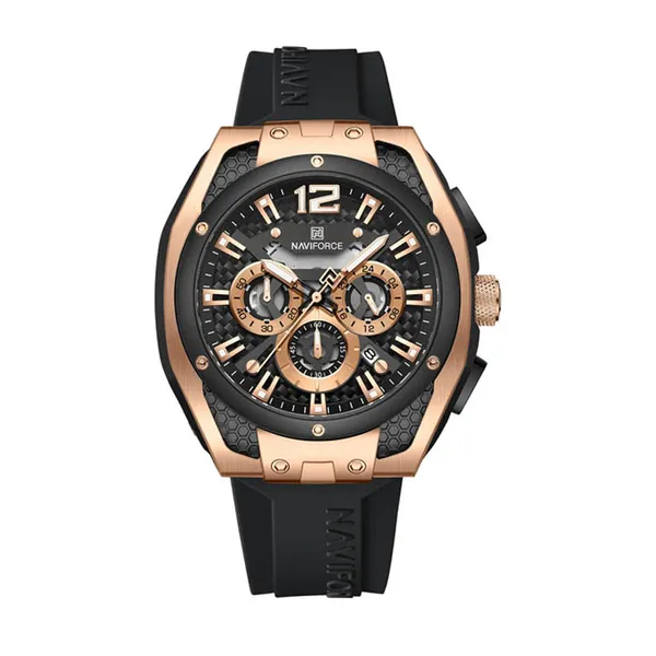 Naviforce NF 8063 Premium Silicon Strap Analog Sporty Men's Watch – Dial Color: Brown, Strap Color: Black – View 1