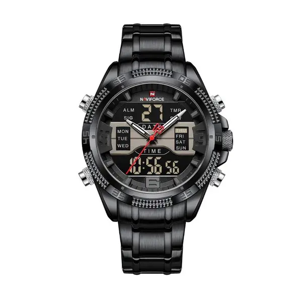Naviforce NF9201 High Quality Stainless Steel Dual Movement Sport Fashion Men's Watch – Dial Color: Black, Strap Color: Black – View 1