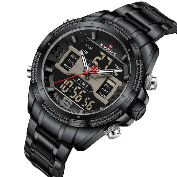 Naviforce NF9201 High Quality Stainless Steel Dual Movement Sport Fashion Men's Watch – Dial Color: Black, Strap Color: Black – View 2
