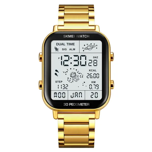 SKMEI 1888 Stainless Steel Calorie Mileage Digital Sporty Men's Watch – Dial Color: White, Strap Color: Gold  – View 1