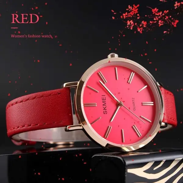 SKMEI 1397 Minimalist Minor Girl Collection Leather Strap Watch – Dial Color: Red, Strap Color: Red – View 3