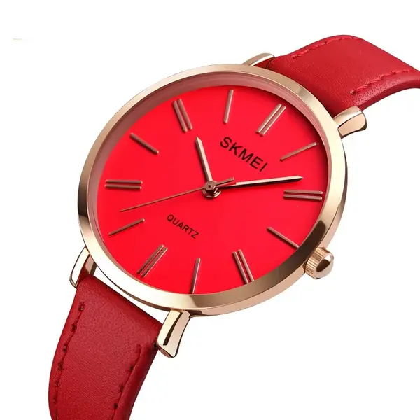 SKMEI 1397 Minimalist Minor Girl Collection Leather Strap Watch – Dial Color: Red, Strap Color: Red – View 2