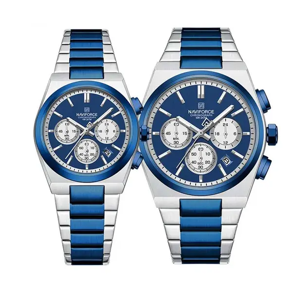 Naviforce NF8048 High Quality Stainless Steel Chronograph Classic Stylish Couple's Watch – Dial Color: Blue, Strap Color: Blue – View 1