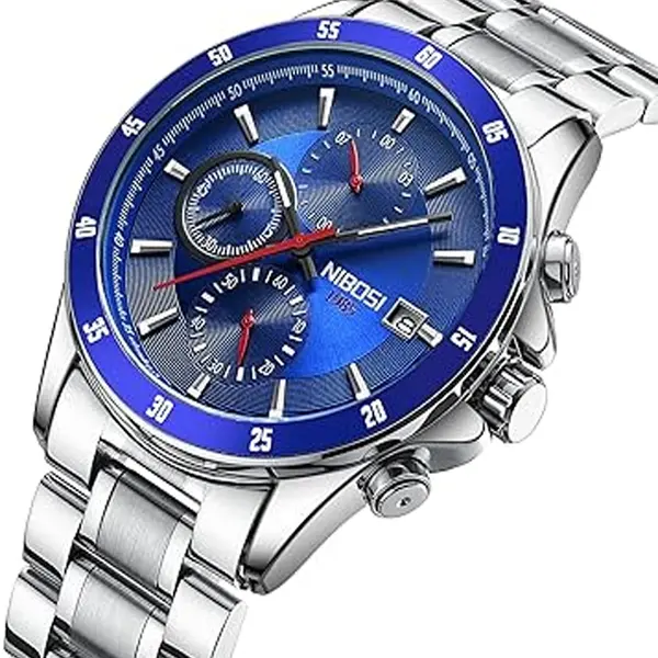 Nibosi 2530 Luxury Stainless Steel Chronograph Men's Watch – Dial Color: Blue, Strap Color: Silver – View 2