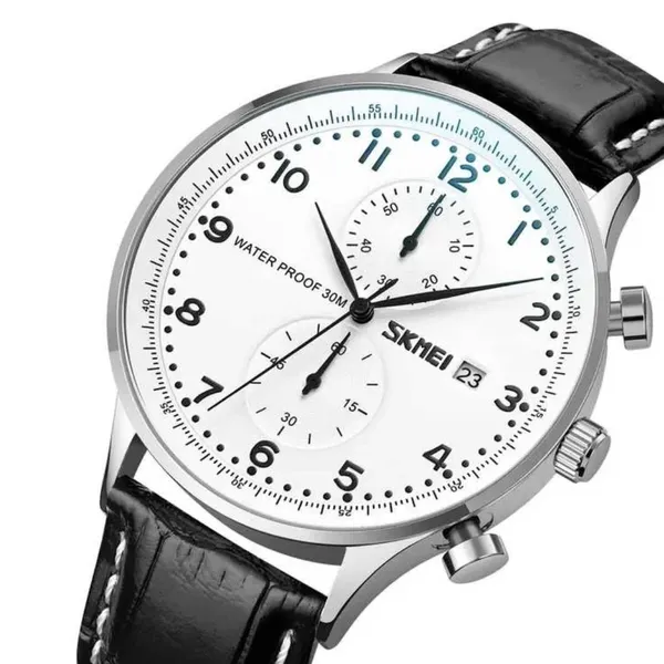 Skmei 9301 Leather Quartz Stainless Steel Men's Watch – Dial Color: White, Strap Color: Black – View 2