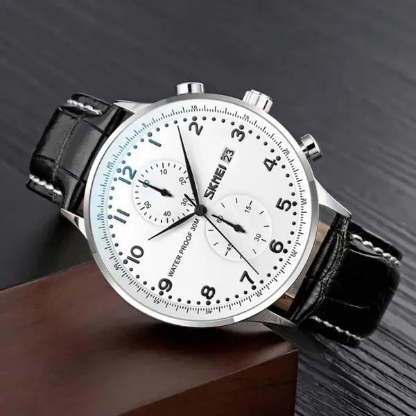 Skmei 9301 Leather Quartz Stainless Steel Men's Watch – Dial Color: White, Strap Color: Black – View 3