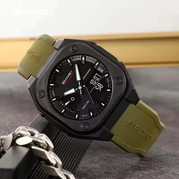SKMEI 2328 Dual Movement Rubber Strap Sporty Men’s Watch – Dial Color: Black, Strap Color: Green  – View 3