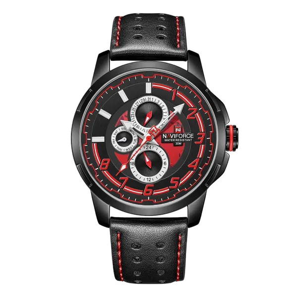 NAVIFORCE NF9142 PU Leather Chronograph Men's Watch – Dial Color: Black, Strap Color: Black – View 1