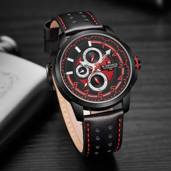 NAVIFORCE NF9142 PU Leather Chronograph Men's Watch – Dial Color: Black, Strap Color: Black – View 3