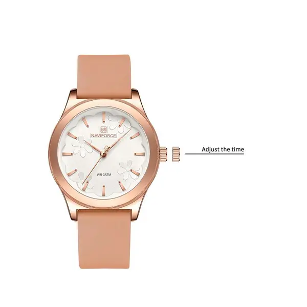 Naviforce NF5051 Comfortable Silicone Quartz Casual Fashion Women's Watch – Dial Color: White, Strap Color: Rose Gold – View 3