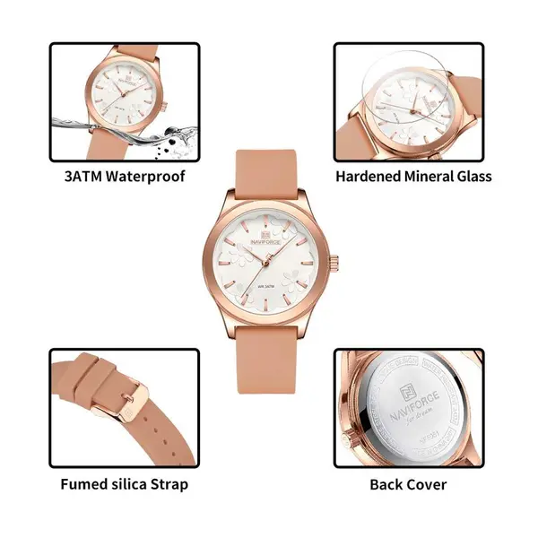 Naviforce NF5051 Comfortable Silicone Quartz Casual Fashion Women's Watch – Dial Color: White, Strap Color: Rose Gold – View 6