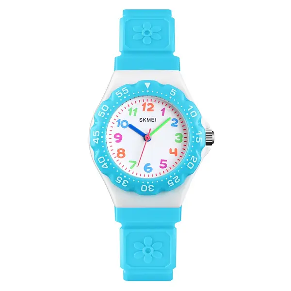 SKMEI 1483 Analog Style Silicone Strap Kid's Watch – Dial Color: White, Strap Color: Sky Blue – View 1