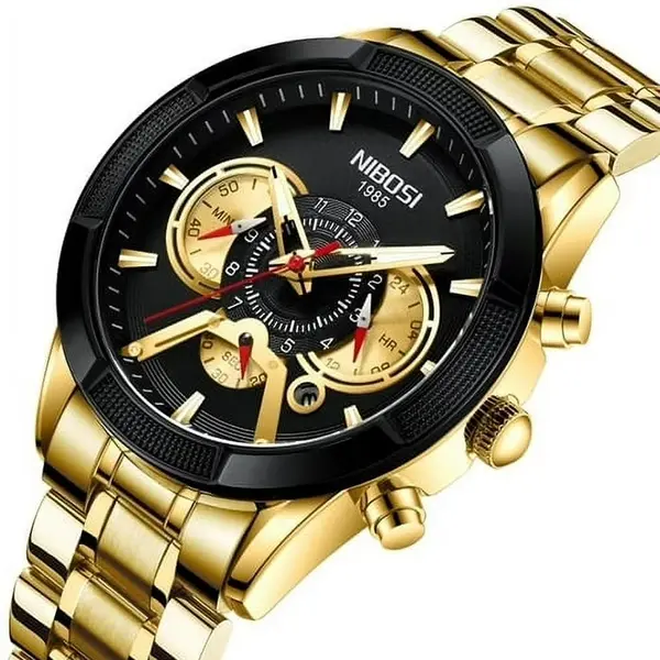 Nibosi 2379 Luxury Stainless Steel Chronograph Men's watch – Dial Color: Gold, Strap Color: Gold  – View 2