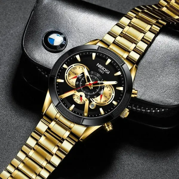 Nibosi 2379 Luxury Stainless Steel Chronograph Men's watch – Dial Color: Gold, Strap Color: Gold  – View 3