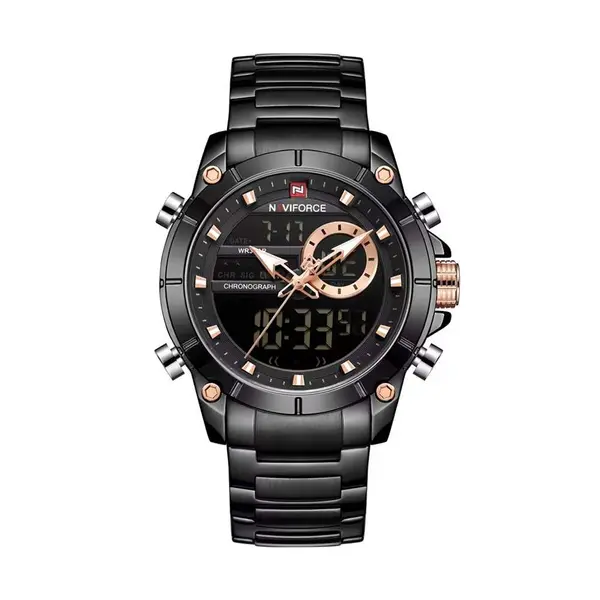 Naviforce NF9163 Stainless Steel Dual Movement Military Sport Men's Watch – Dial Color: Black, Strap Color: Black – View 1