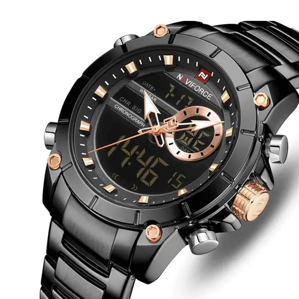 Naviforce NF9163 Stainless Steel Dual Movement Military Sport Men's Watch – Dial Color: Black, Strap Color: Black – View 2