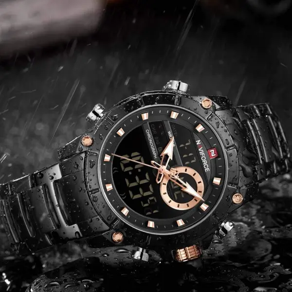 Naviforce NF9163 Stainless Steel Dual Movement Military Sport Men's Watch – Dial Color: Black, Strap Color: Black – View 3