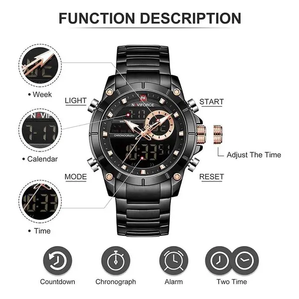 Naviforce NF9163 Stainless Steel Dual Movement Military Sport Men's Watch – Dial Color: Black, Strap Color: Black – View 6