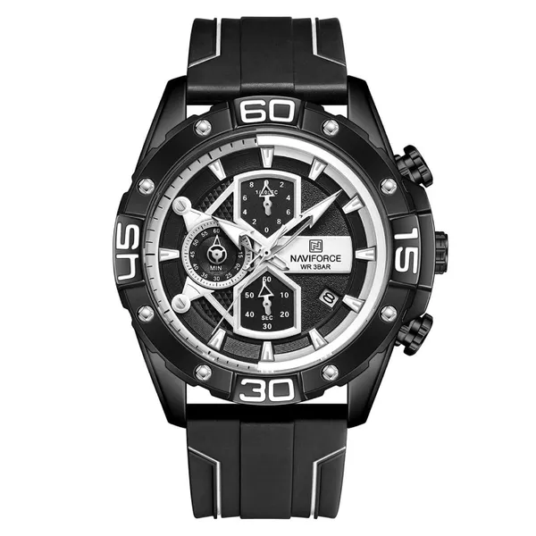 NAVIFORCE NF8018 Leather Casual Multi-function Chronograph Men's Watch – Dial Color: White, Strap Color: Black – View 1