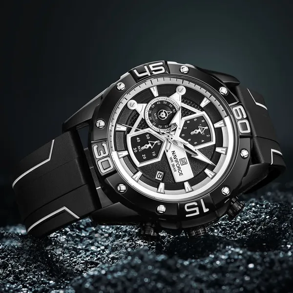 NAVIFORCE NF8018 Leather Casual Multi-function Chronograph Men's Watch – Dial Color: White, Strap Color: Black – View 3