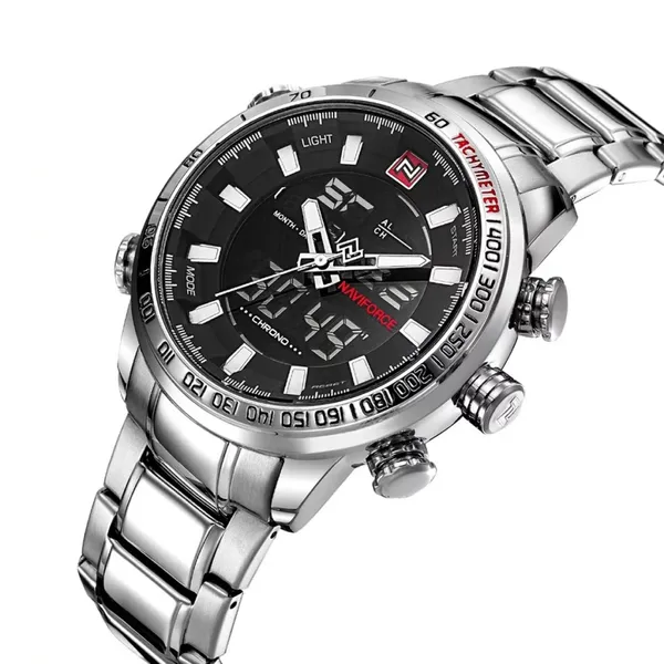 NAVIFORCE NF9093 Luxurious Stainless Steel Dual Time Men's Watch – Dial Color: Black, Strap Color: Silver – View 2