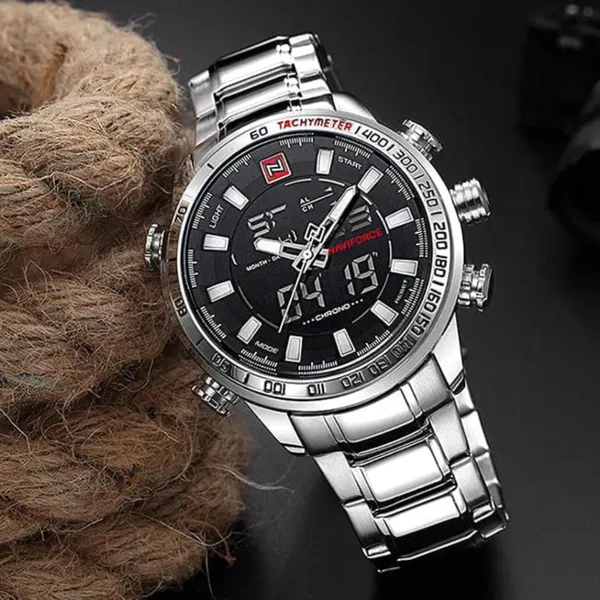 NAVIFORCE NF9093 Luxurious Stainless Steel Dual Time Men's Watch – Dial Color: Black, Strap Color: Silver – View 4