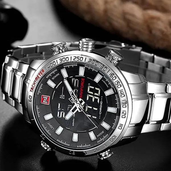 NAVIFORCE NF9093 Luxurious Stainless Steel Dual Time Men's Watch – Dial Color: Black, Strap Color: Silver – View 5