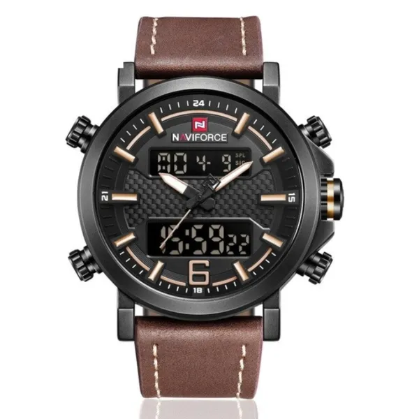 NAVIFORCE 9135 Analog LED Digital Dual Display Sports Men's Watch – Dial Color: Black, Strap Color: Brown – View 1