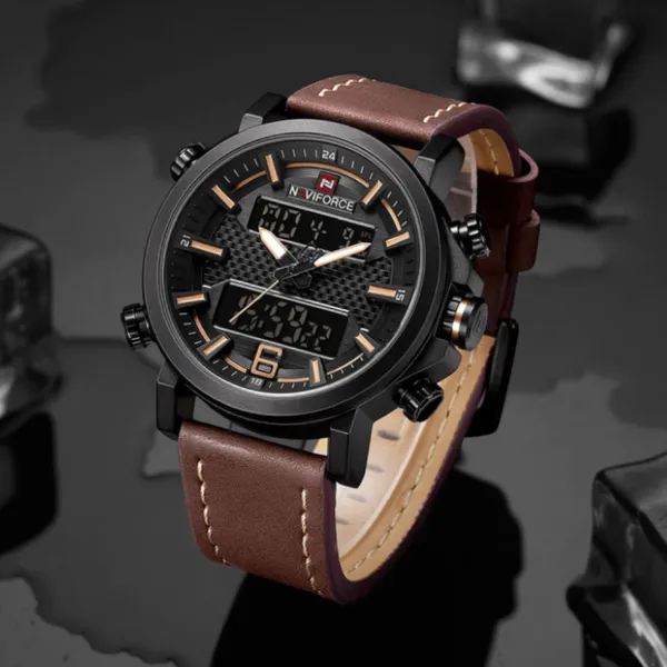 NAVIFORCE 9135 Analog LED Digital Dual Display Sports Men's Watch – Dial Color: Black, Strap Color: Brown – View 3
