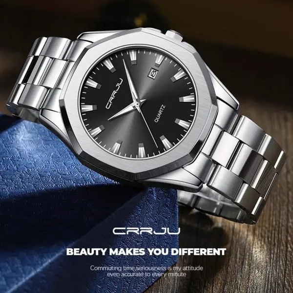 CRRJU 5004 High Quality Stainless Steel Quartz Analog Luxury Fashion Men's Watch – Dial Color: Black, Strap Color: Silver – View 2